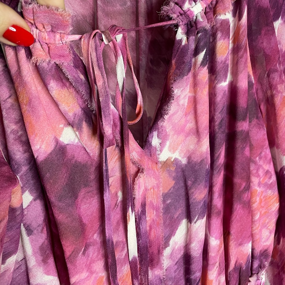 LOVESHACKFANCY Ruffled Popover Pink Purple Floral Silk Mini Dress L - Picture 6 of 12